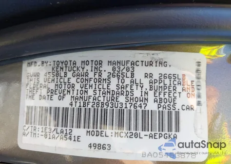 2003 Toyota Avalon Xl/Xls из США, поврежденный, VIN 4T1BF28B93U317647